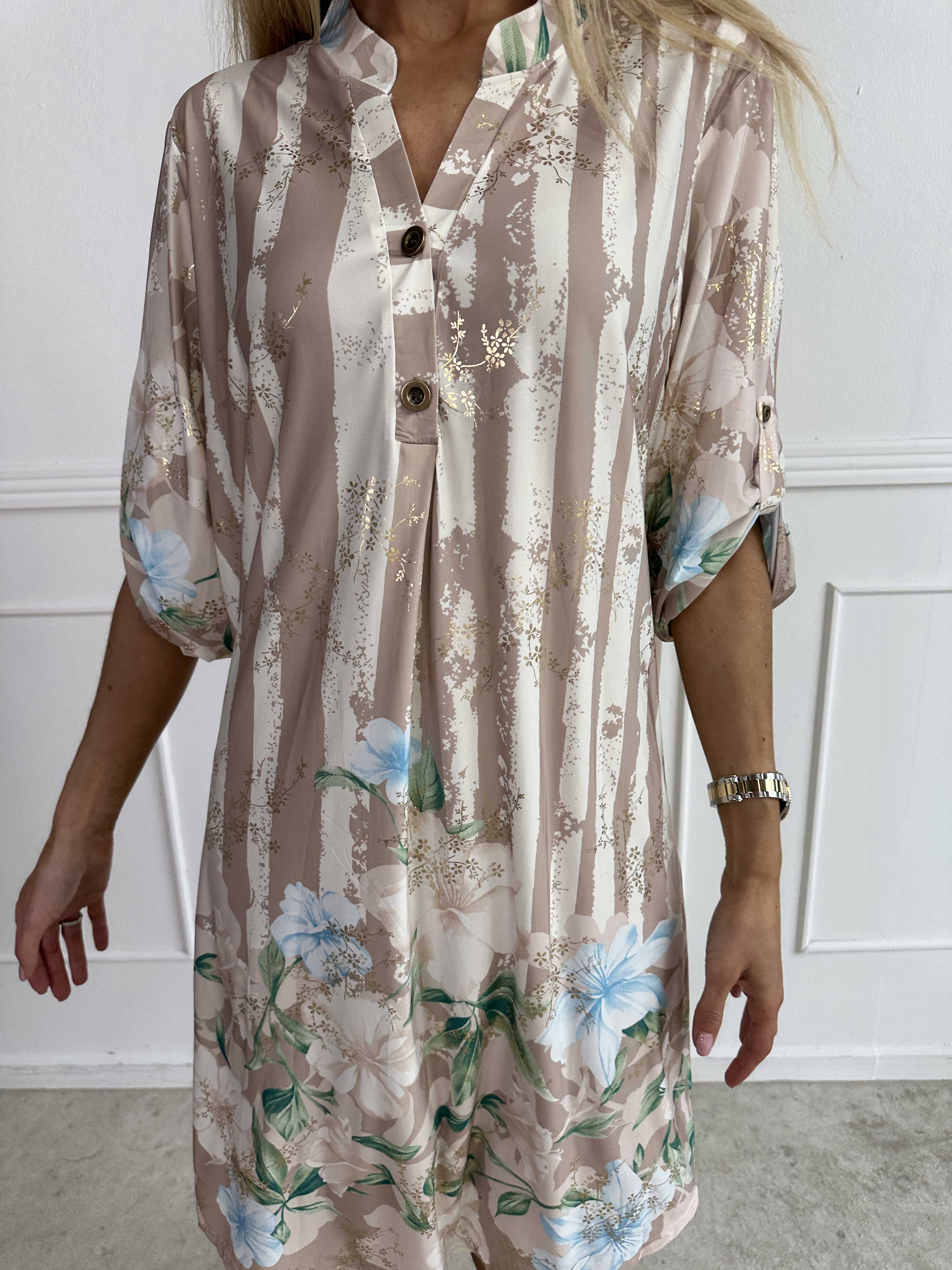 Ebba Floral Stripe Long - Elastisk blommig klänning med gulddetaljer